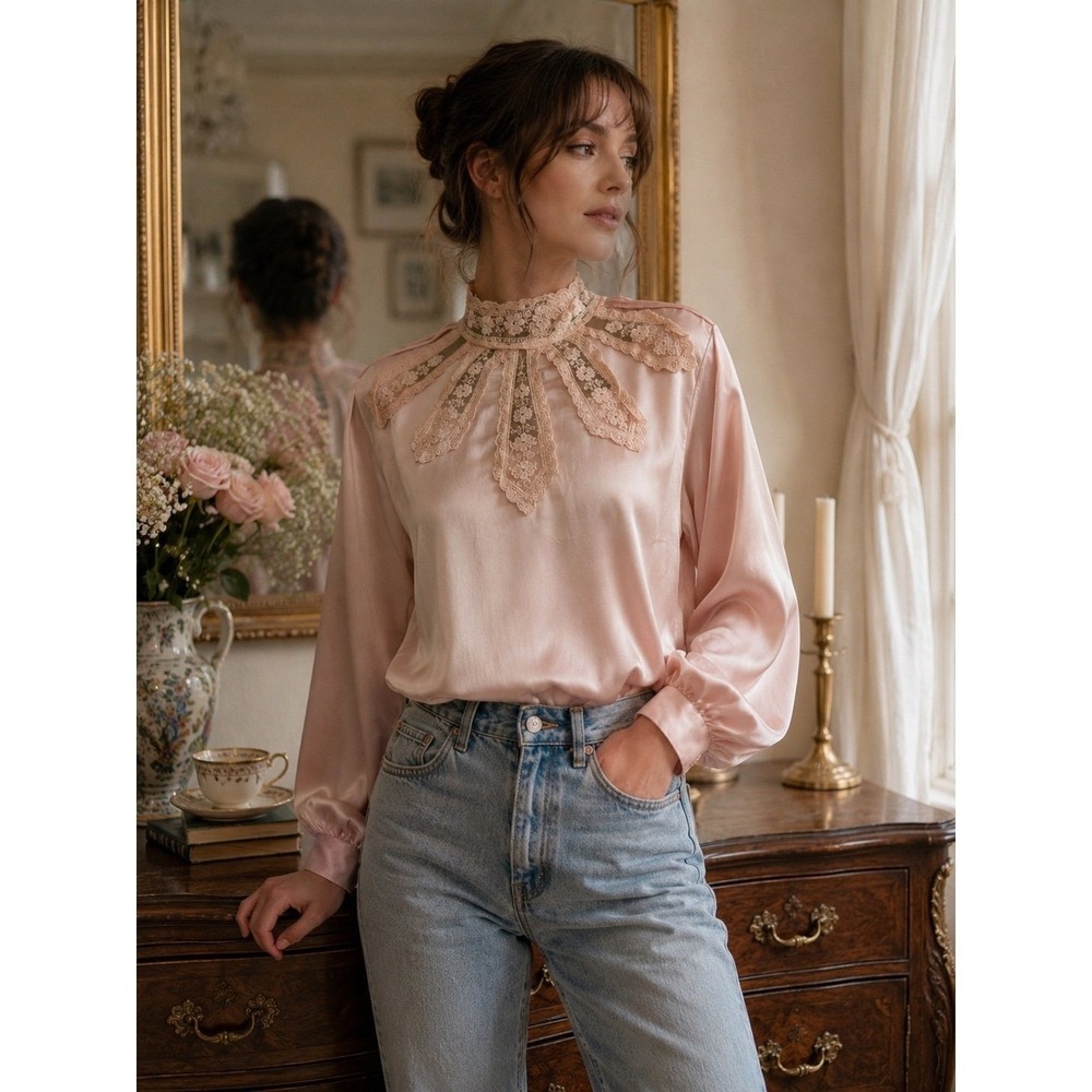 Vintage Sonia Rykiel for San Andre Pink Satin Lace‎ High Neck Blouse Women
